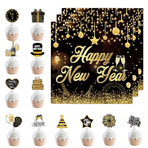 Silvester Deko 2025, 12 Stück Silvester Tortendeko and 20 Stück Servietten Silvester Happy New Year Cupcake Toppers Kuchen Cake Toppers für Neujahr Party Dekoration Silvester Tischdeko 2025 von Tcnzdy