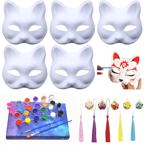 Tcnzdy 5 Stück Therian Mask, Katzenmaske Mit Quasten Glöckchen,Fasching Decorating,Katzen Maske,Handgemalte Maske Geeignet für DIY Maskerade Bachelorette Party Halloween Karneval Fasching von Tcnzdy