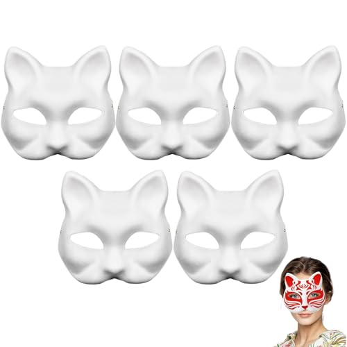 Tcnzdy 5 Stück Therian Mask, Reinweiß Katzenmaske Heimwerkerfreundlich Cat Mask Katzen Masket Tiermasken und Masken Kostüm Amüsant Katzenmasken Zum Anmalen Leicht Tiermasken Zum Bemalen von Tcnzdy