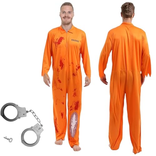 Tcnzdy Gefängnis Kostüm Orange, Handschellen Prisoner Costume Amüsant Häftling Kostüm Herren Langlebig Häftling Kostüm Orangener Overall Gefängnis Für Cosplay Halloween von Tcnzdy