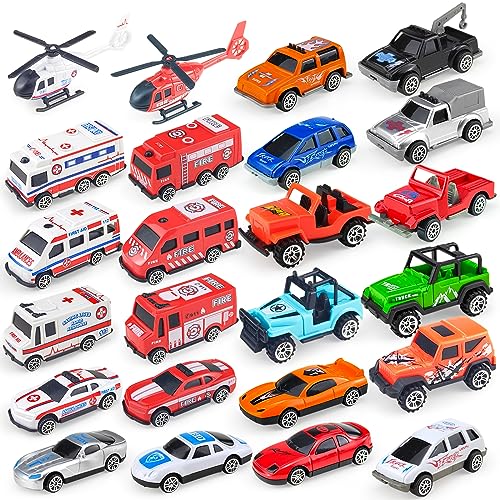 Tcvents 24 Pack Toy Cars | Mini Cars for Kids | City Trucks and Toy Cars for Toddlers 1-3 Year Old - Small Fire Trucks & Ambulance & Police Vehicles Play Set for Kids 3-7 Party Favors von Tcvents