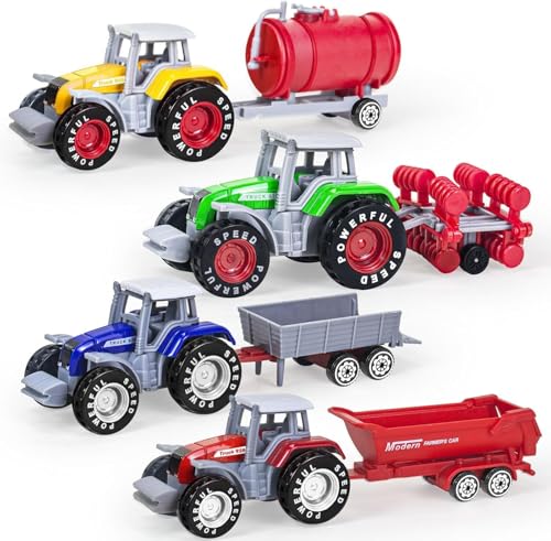 Tcvents 4 Pack Bauernhof Traktor Spielzeug mit Anhänger, Metall-Legierung Kinder Traktor Spielzeug für Jungen abnehmbare Die-Cast Bauernhof Traktor und LKW Spielzeug für Kinder 3 4 5 6 7 8 Geburtstag von Tcvents