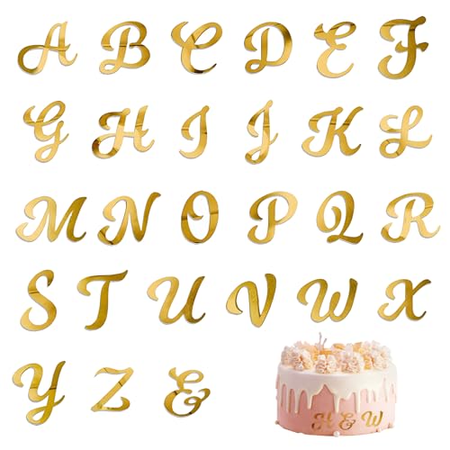 27 Stück Kuchen-Buchstaben, personalisierter Tortenaufsatz, DIY-Namens-Kuchenaufsatz, A-Z, Acryl-Buchstaben, Gold-Plektren für individuelle Hochzeitstortendekorationen, Babyparty, Happy Birthday von Teaaha