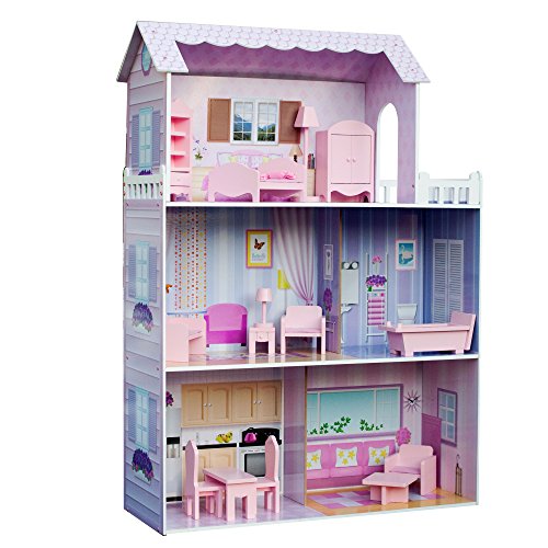 Olivias Kleiner Weltriesenpuppenhaus, großes Holzpuppenhaus mit Möbeln und Accessoires, 3 -stöckiges Puppenhaus für Kinder, Puppenhaus für 12 "Puppen, 3 Jahre + von Teamson Kids