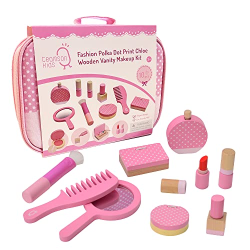 Teamson Kids Chloe Holz Reise-Eitelkeits-Set Make-up-Set Pretend Play Cosmetics mit Tasche & 9 Accessoires Fashion Polka Dot Print Pink TK-W00010 von Teamson Kids