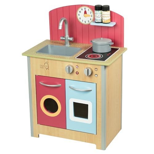 Teamson Kids Küche Klassisch Für Kinder Aus Holz Little Chef Porto Holzküchen-Spielset mit Interaktiven Funktionen & 4 Kochzubehör Rot/Natur TD-13595A von Teamson Kids