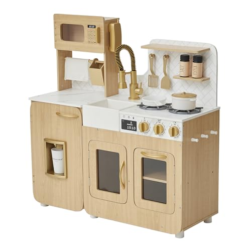 Teamson Kids Little Chef Cyprus Spielküche aus Holz, mittelgroß, mit interaktiven, realistischen Funktionen und 14 Küchenzubehör für 3 Jahre, helle Eiche/weißer Marmor/Gold von Teamson Kids