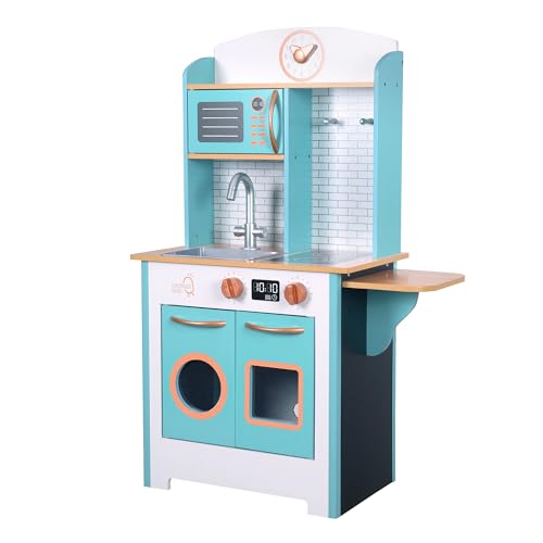 Teamson Kids Little Chef Kleines Retro Holzspielküchenspielzeug Rollenspielset mit interaktiven Funktionen und 7 Rollenspielzubehör Blau/Weiß TD-13629A von Teamson Kids