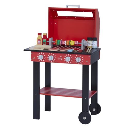 Teamson Kids Little Helper Backyard Draussen Drinnen BBQ Grill Spielset Spielzeug mit Interaktiven Funktionen & 25 Rollenspiel Zubehör, Rot TD-13544B von Teamson Kids