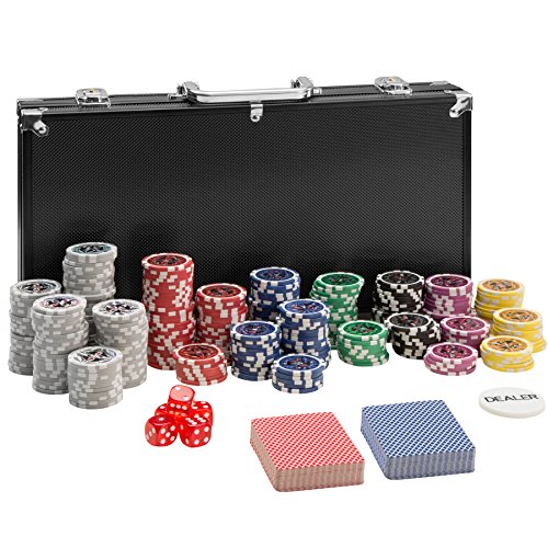 TecTake Pokerkoffer Pokerset mit 300 Pokerchips Laser Chips im Alu Koffer | Schwarz | inkl. 2 Kartendecks + 5 Würfel + 1 Dealer Button von TecTake