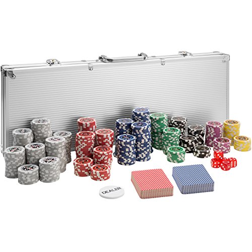 TecTake Pokerkoffer Pokerset mit 500 Pokerchips Laser Chips im Alu Koffer | Silber | inkl. 2 Kartendecks + 5 Würfel + 1 Dealer Button von TecTake