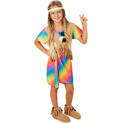 dressforfun Mädchenkostüm Blumenkind | Kleid in Regenbogenfarben | Inkl. Weste in Veloursleder-Optik (11-12 Jahre) von tectake