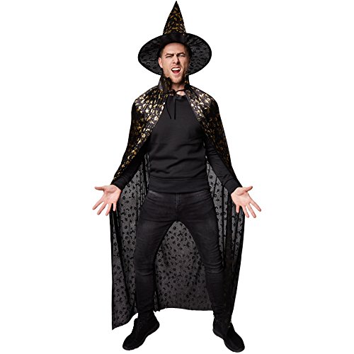 tectake dressforfun Unisex Set Hut und Umhang Halloween | Bestehehend aus edlem Hut und Umhang | Zauberhafter, Goldener Halloween-Kürbis-Aufdruck (150 cm | Nr. 301659) von tectake