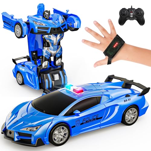 Tecnock 2 in 1 Ferngesteuertes Auto Transformator Gesten-Erkennung, 360°Drehung RC Autos für Kinder, 2.4GHz Ein Knopf Transform Roboter mit LED, Polizei Auto Spielzeug Geschenk für 4-12 Jungen/Mädchen von Tecnock