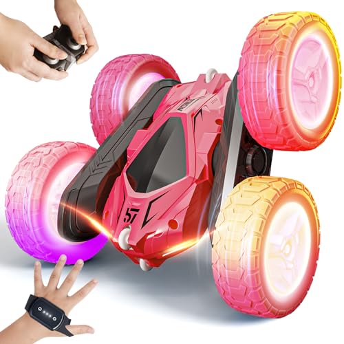 Tecnock 2024 Ferngesteuertes Auto mit 2.4GHz Schnell Handsteuerung 360° Flip Stunt Rennauto mit Aufladbar Batterie In/Outdoor RC Car Cool Licht Spielzeug 4-9+ Jahre für Junge Mädchen Geschenk Rot von Tecnock