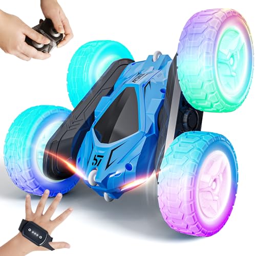 Tecnock Ferngesteuertes Auto mit 2.4GHz Schnell Handsteuerung 360° Flip Stunt Rennauto mit Aufladbar Batterie In/Outdoor RC Car Cool Licht Spielzeug 4-9+ Jahre für Junge Mädchen GeschenkBlau von Tecnock