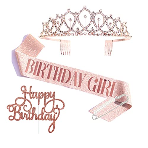 Geburtstag Kronen für Mädchen, Rosegold Bitrhday Girl Schärpe und Strass Krone Tiara Kit für 11. 13. 15. 16. 17. 18. Geburtstags, Geburtstags-Tiara Roségold für Mädchen, mit Tortenstecker von Tecreo