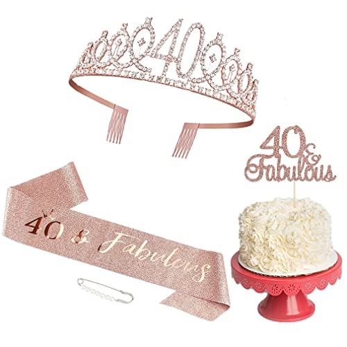 Schärpe und Tiara zum 40. Geburtstag für Frauen, Roségold-Geburtstagsschärpe Krone 40 & Fabulous Schärpe und Tiara für Frauen, Geschenke zum 40. Geburtstag für 40. Geburtstagsparty mit Tortenstecker von Tecreo