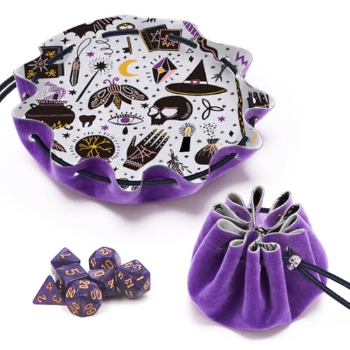 Teeloray 2 in 1 Würfelbeutel, Dice Bag, Faltbar Würfeltablett und Würfelbeutel mit Kordelzug und 7st Dice für Dungeons und Dragons RPG Würfel Gaming D&D und Andere Tischspiele, ideal für Würfelhorter von Teeloray