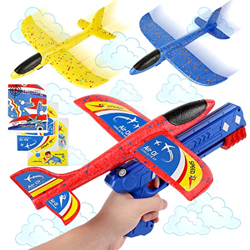 Teklemon Flugzeug Spielzeug, 3 Pcs Katapult Flugzeug Spielzeug, Wurfgleiter Styroporflieger Modell mit Katapult Pistole,Schaum Flugzeug Segelflugzeug Geschenk für Jungen Mädchen ab 3 4 5 6 7 8 9 Jahre von Teklemon