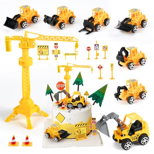 Teklemon Bagger Tortendeko, 20 Stück Tortendeko Baustelle, Kunststoff Baustellenfahrzeuge Verkehrsschilder Kinder, Miniatur Baustelle Spielzeug für Junge Mädchen 1 2 3 4 5 6 Jahre von Teklemon