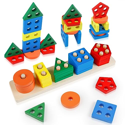 Teklemon Montessori Spielzeug ab 1 2 3 Jahre, 20 Pcs Holz Sortier & Stapelspielzeug Steckpuzzle, Formklassifizierung Steckwürfel Sortier & Stapelspielzeug Lernspielzeug Geschenk für Baby Mädchen Junge von Teklemon