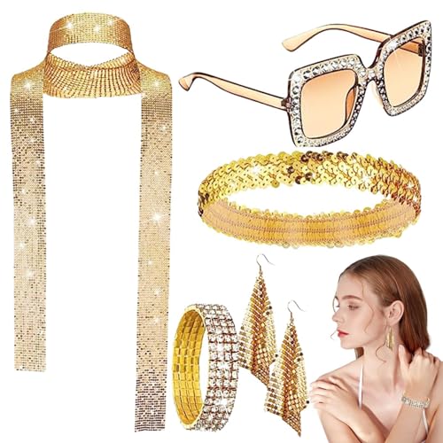 Teksome 70er Jahre Disco-Kostüm-Zubehör – 70er-Jahre-Mehrzweck-Disco-Schmuck, elegantes Mädchen-Zubehör mit Ohrringen, Pailletten-Schal, Sonnenbrille von Teksome