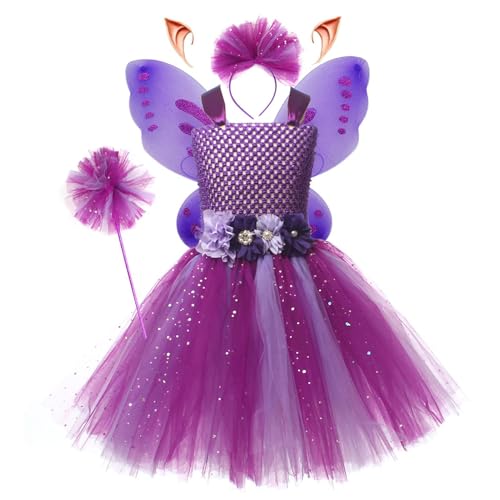Teksome Prinzessinnenkostüm für Mädchen, Feenprinzessin-Kostümset - Elastische Prinzessinnen-Kostüm-Kleidung,Mädchenkostüme mit Stirnband, Schmetterlingsfeenflügel, für Mädchen im Alter von 2–12 von Teksome