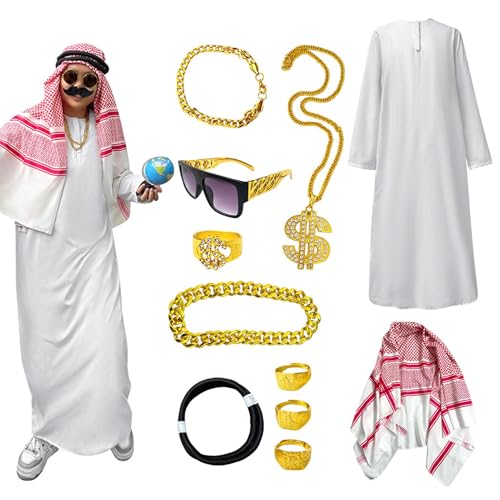 Teksome Sheik White Robe, Herren Arabian White Robe Kit Feine Textur Cosplay Zubehör für Halloween Party Karneval Mottoparty von Teksome