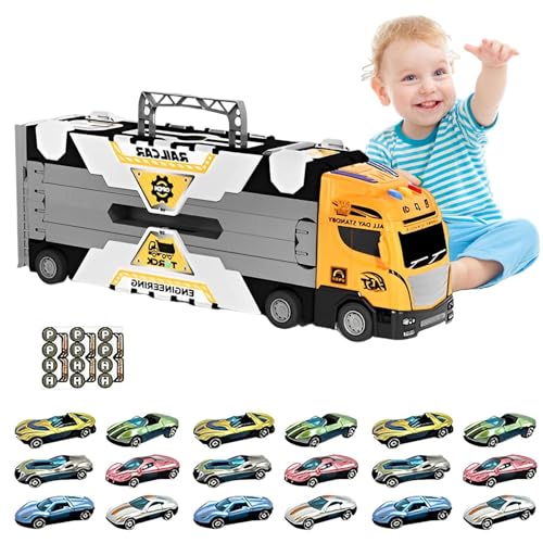 Teksome Transport-LKW-Spielzeug,Transport-LKW-Spielzeug für Jungen,Transporter-LKW-Spielzeugset | -Rennstrecke, Katapultieren mit Lichtern und Geräuschen, Autotransporter mit 18 Metallautos für von Teksome