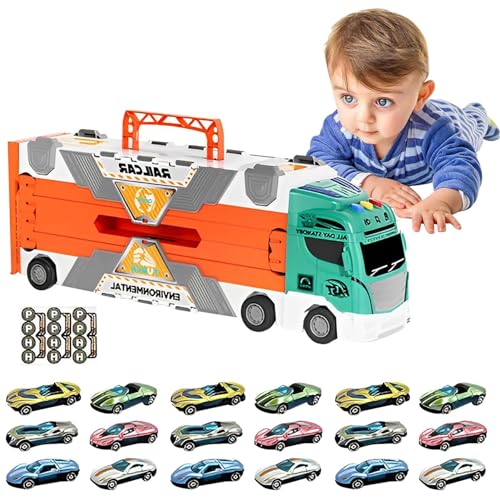 Teksome Transport-LKW-Spielzeug für Jungen,Auto-Transport-LKW-Spielzeug,Transporter-LKW-Spielzeugset | -Rennstrecke, Katapultieren mit Lichtern und Geräuschen, Autotransporter mit 18 Metallautos für von Teksome