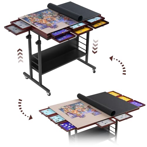 Tektalk Puzzletisch mit klappbarer Tischplatte, Höhenverstellung, Puzzlebrett mit 2 Filzbezug & 8 Sortierschalen, umschlossen mit 4 Rollenrädern, für bis zu 2000 Puzzleteile - schwarz von Tektalk