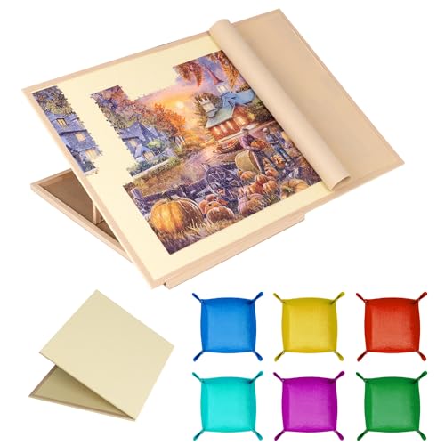 Tektalk Faltbares Puzzlebrett mit 4 Winkel verstellbarer Halterung/Ständer, leichte tragbare Puzzlematte Plateau mit Holzstaffelei, faltbarer Filz-Puzzletisch, für bis zu 1500 Teile (Beige) von Tektalk