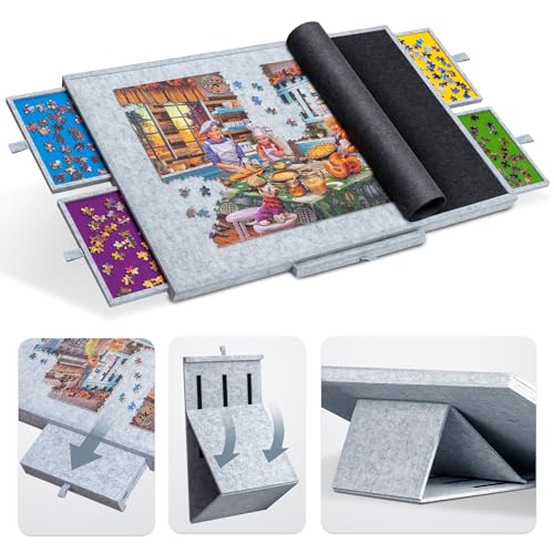 Tektalk Jigsaw Puzzle Table with Integrated Adjustable Stand/Bracket, 3-Tilting-Angle Super Lightweight Felt Puzzle Plateau Board with Cover & 4 Sorting Drawers, for Up to 1500 Pieces - Light Gray von Tektalk