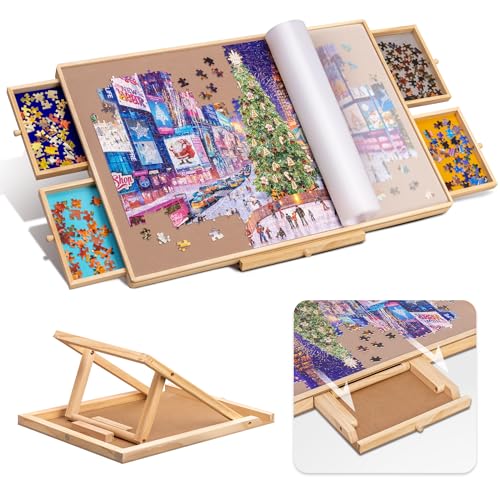 Tektalk tragbarer Holzpuzzletisch/Plateau/Board mit integriertem verstellbarem Ständer/Halterung, 4 Sortierschubladen, transparenter PP-Abdeckung für bis zu 1000 Stück von Tektalk