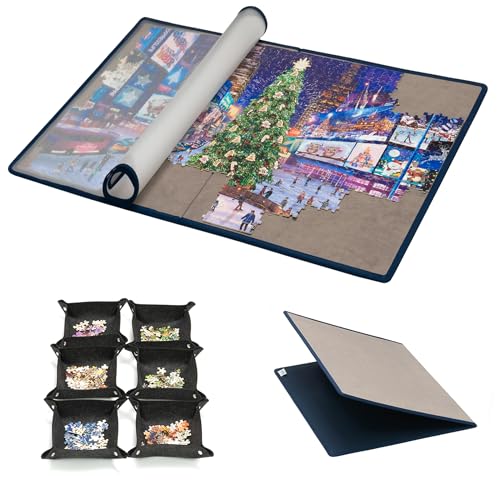 Tektalk faltbares Puzzle Board mit 6 Sortierschalen, tragbare Puzzlematte mit transparenter wasserdichter & staubdichter Abdeckung für Puzzleaufbewahrung/Saver, für bis zu 1000 Puzzleteile – Grau von Tektalk