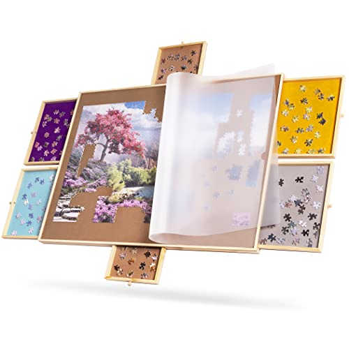 Tektalk tragbarer hölzerner Puzzletisch mit Abdeckung, Puzzle-Plateau, Puzzle-Puzzle-Board mit 6 bunten Schiebeschubladen für bis zu 1500 Teile Puzzles von Tektalk