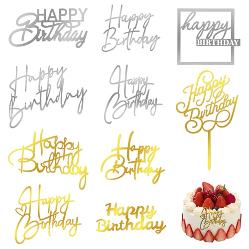 10 Stück Cake Topper Geburtstag Acryl Happy Birthday Tortendeko Gold Silber Wiederverwendbar Tortendeko Kuchen Topper Kuchendekoration für Babyparty Hochzeit Geburtstag Dekoration von Telooco