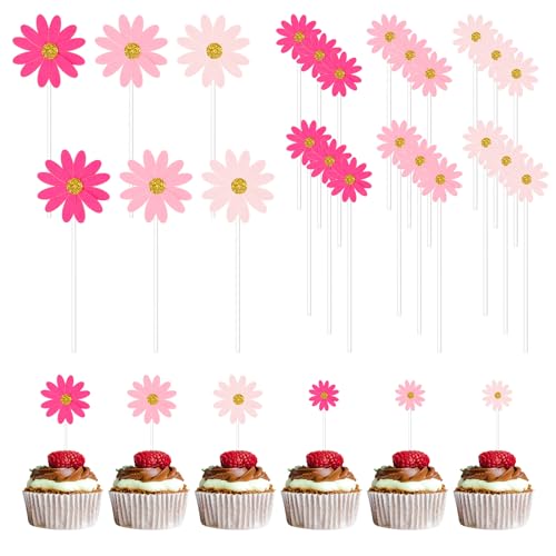 24 Stück Gänseblümchen Tortendeko Geburtstag Cupcake Topper Rosa Essbare Blumen für Torte Kuchen Topper Babyparty Kuchendeko Cocktail Obstschale Joghurt Schüssel DIY Topper von Telooco