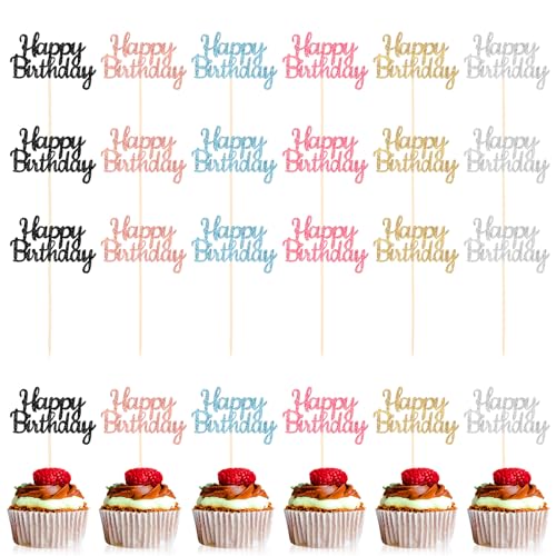 Telooco 24 Stück Cupcake Topper Happy Birthday Tortendeko 6 Farben Glitzernd Happy Birthday Kuchen Topper Geburtstag Tortendeko Kuchen Dekoration für Party Geburtstag Babyparty Deko von Telooco