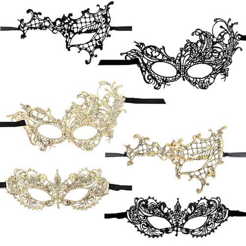 Telooco 6 Stück Spitzenmaske Masken Kostüm Damen Maskenball Schwarz Gold Maskerade Maske Halbes Gesicht Spitze Augenmaske Spitzenmaske für Maskerade Karneval Halloween Cosplay Kostümparty von Telooco