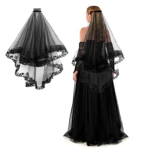 Telooco Schwarz Geister Brautschleier Lang 60-80 cm Halloween Schleier Damen Tüll Trauerschleier Kathedralen Schwarzschleier mit Kamm Halloween-Hochzeitskleid Schleier für Party Cosplay von Telooco