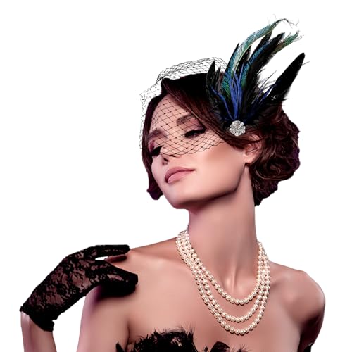 Telooco Vintage Fascinator Hut für Damen Hochzeit Feder Schleier Feder Mesh Stirnband Braut Kopfschmuck Feder Mesh Schleier Braut Haarreif für Fasching Karneval Tea Party Haarschmuck von Telooco