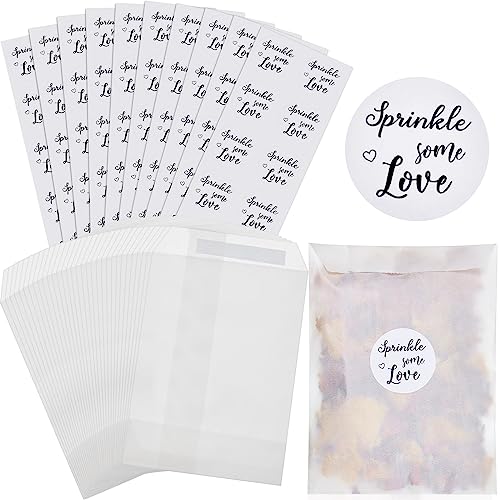 Tenare 100 Pergaminbeutel Konfetti Papiertütchen Hochzeit Set mit Zellophan Umschläge und Hochzeit Kraftpapier Aufkleber Hochzeit Konfetti Selbstklebend Papierbeutel für Blumensamen (90 x 135 mm) von Tenare