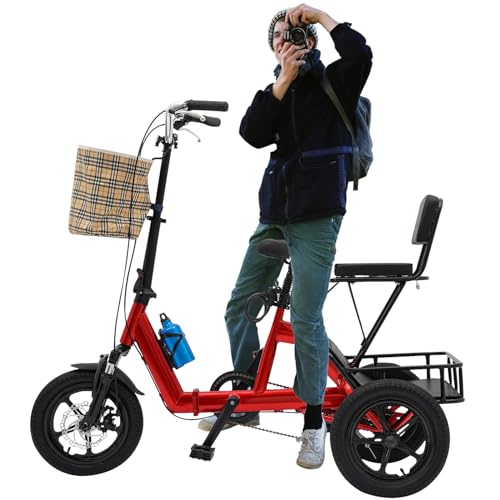 14 Zoll Klappbares Dreirad, 3 Räder Fahrrad mit 2Einkaufskorb und Rückenlehne, Lastenfahrrad Faltbares Ideal fürErwachsene & Kinder & Senioren von Tenddya