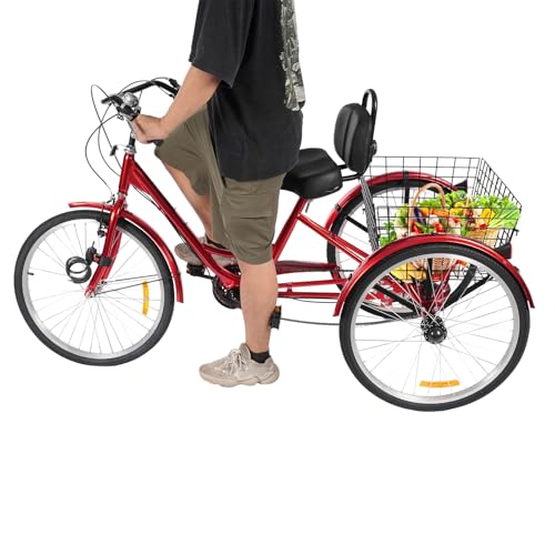 24 Zoll 7-Gang Dreirad für Erwachsene, Erwachsene Dreirad 3 Rad Fahrrad verstellbares Dreirad mit Einkaufskorb für Outdoor Aktivitäten Shopping von Tenddya