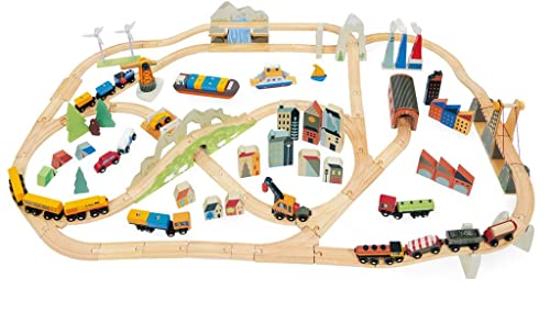 Tender Leaf Toys Mountain View Zug Set - Großes Transportspielset mit viel Zubehör inklusive Stadtfabrik und Versandhafen - fantasievoller Spielspaß für Kinder ab 3 Jahren von Tender Leaf Toys