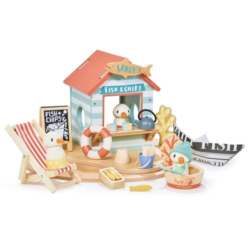 Tender Leaf Toys Sandy's Beach Hut – Holzspielzeug aus der Möwenfamilie mit Fischen und Pommes Frites und Zubehör – fantasievolles Spielspiel – Kreatives Geschichtenerzählen entwickeln – Fähigkeiten von Tender Leaf Toys