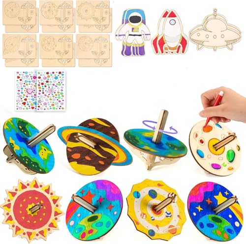 Teneytoyz 18 Stück Holzkreisel Bastelset Kinder, Holz Planeten Kreisel zum Basteln Holzbastelset Bastelidee Kindergeburtstag Kreativ Spielzeug Geschenk Kinder Mädchen Jungen 4 5 6 7 Jahre von Teneytoyz