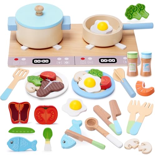 Teneytoyz Kinderküche Zubehör Holz, 27 PCS Spielküche Zubehör, Holzspielzeug Inklusive Topfset Küchenspielzeug und Obst zum Schneiden, Kinderküche Rollenspiele Jungen und Mädchen Geschenke 3 Jahre von Teneytoyz